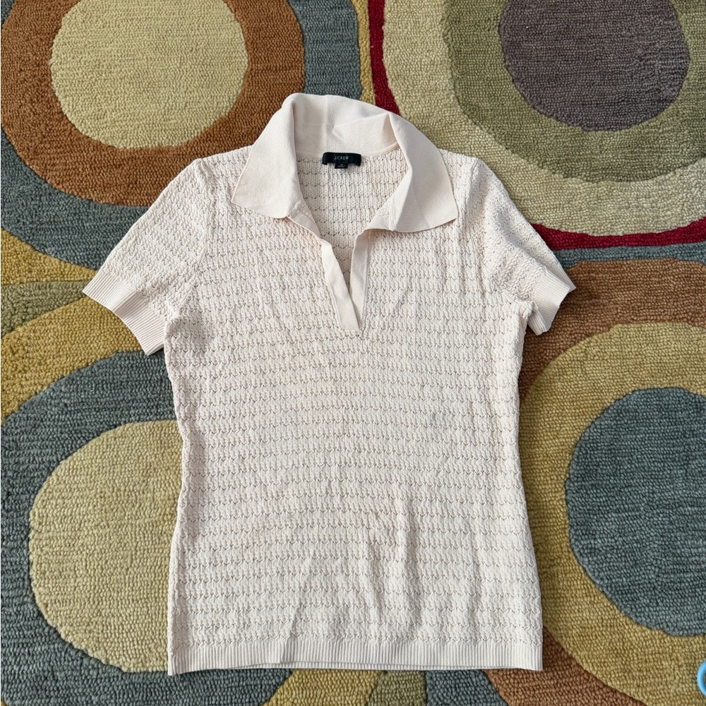 J. Crew Short Sleeve Collared Pointelle Sweater V Neck Beige Women’s Size Small